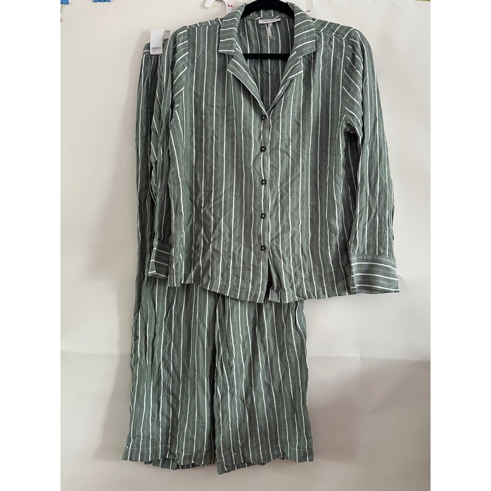 Cozy Earth Pajama Set Small Green White Striped Rayon Tencel Long Sleeve Pants